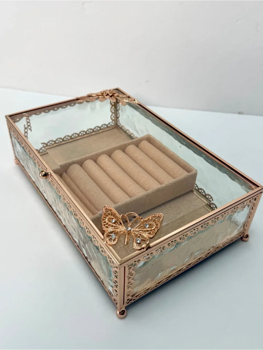 Rose Gold Glass Jewelry Box Butterfly Floral Design Ring Organizer Display Case